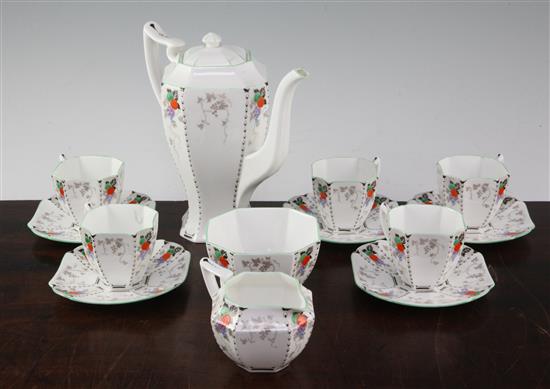 A Shelley fruit design fourteen piece Queen Anne shape coffee set, 1930s, coffee pot height 19cm